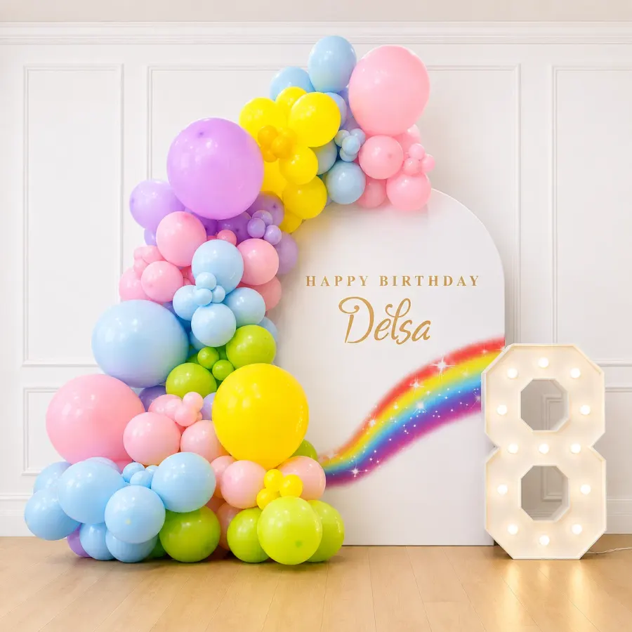 Rainbow Theme Birthday Decoration with Pastel Balloon Arch — decoration setup in Pune