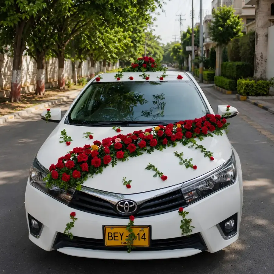 Luxury Red Rose Wedding Car Decoration — decoration setup in Pune