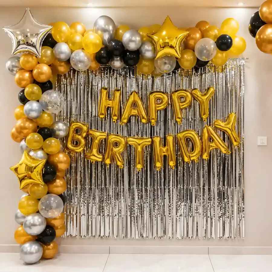 Gold Black Balloon Arch — decoration setup in Pune