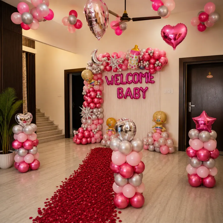 Luxury Pink Welcome Baby Decoration with Balloon Arch — decoration setup in Pune
