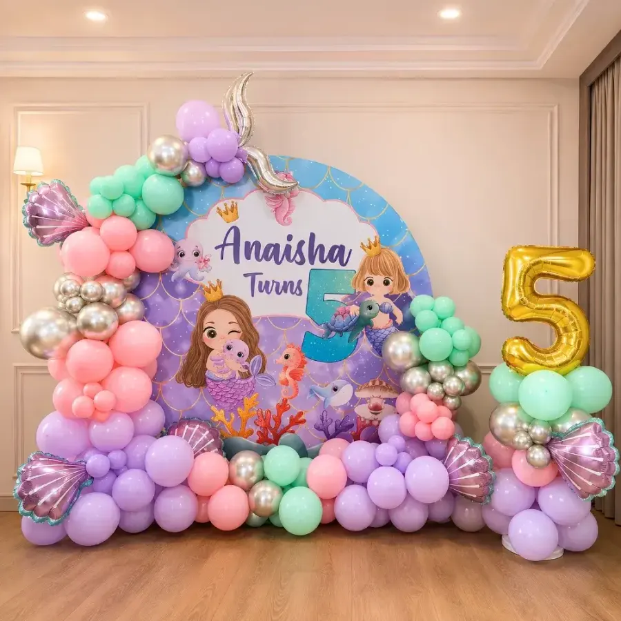 Mermaid Theme Birthday Backdrop — decoration setup in Pune
