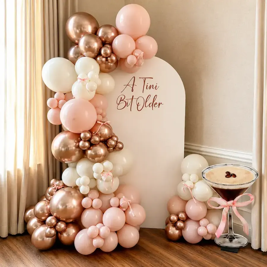 Peach and Rose Gold Balloon Decoration — decoration setup in Pune