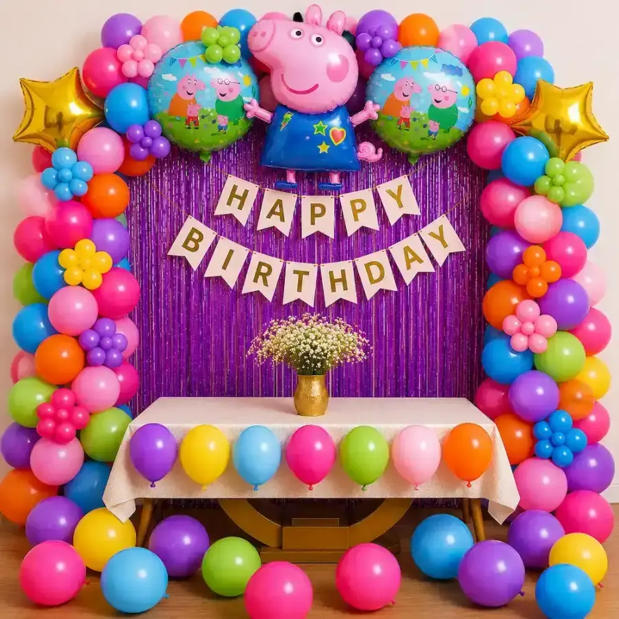 Peppa Pig Theme Birthday Decoration with Balloon Arch — decoration setup in Pune