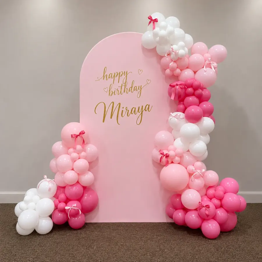 Pink Birthday Balloon Backdrop — decoration setup in Pune