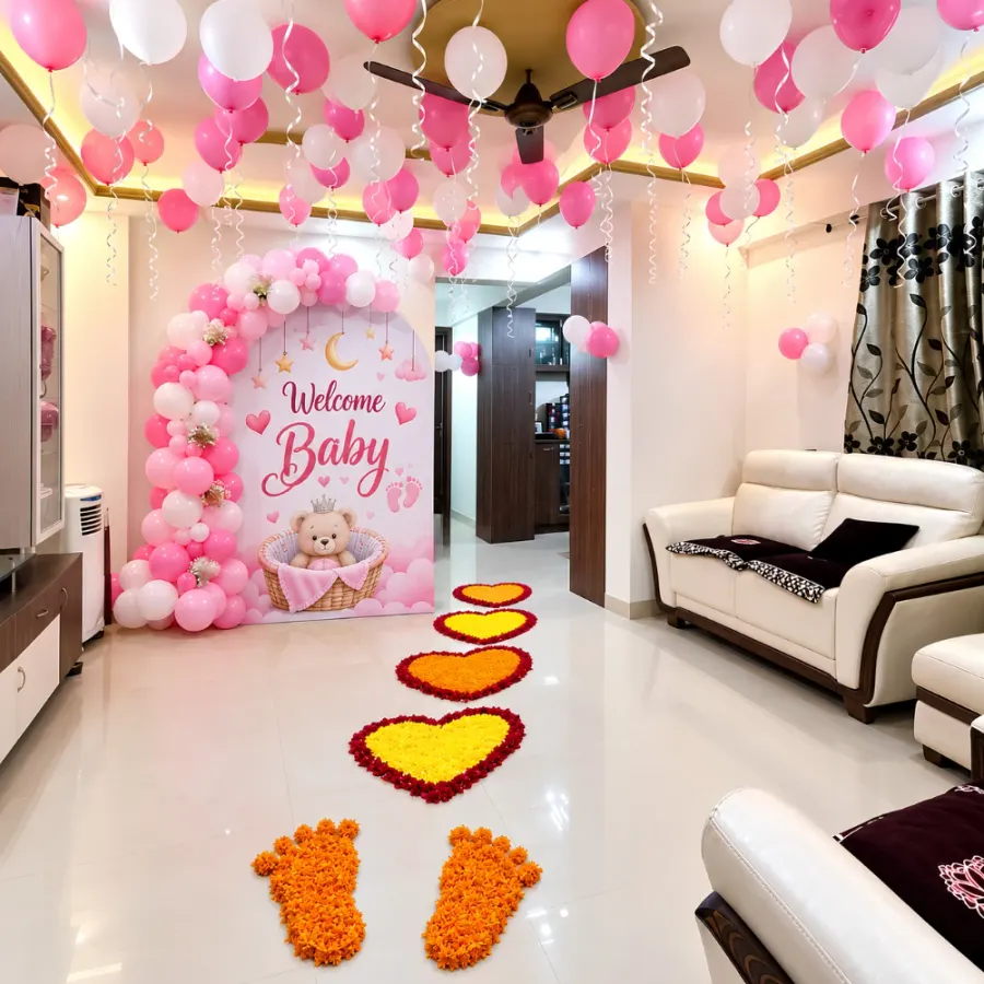 Premium Baby Girl Welcome Decoration — decoration setup in Pune