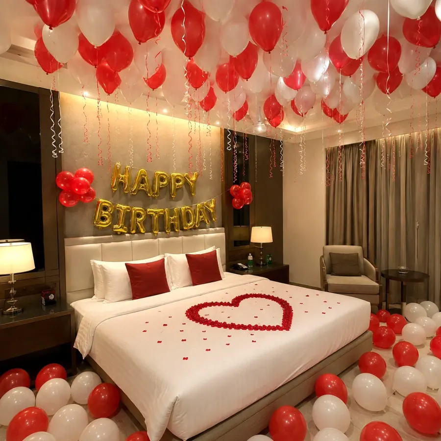 Romantic Red & White Birthday Balloon Decoration — decoration setup in Pune