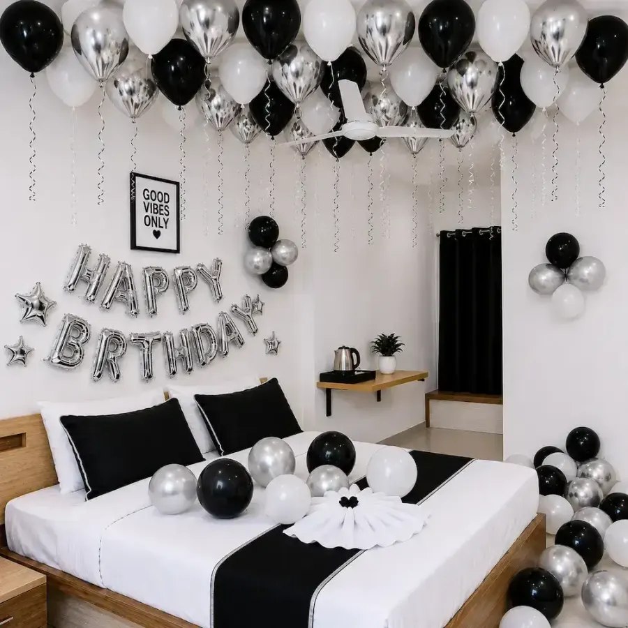 Simple Black and white Birthday Decoration — decoration setup in Pune