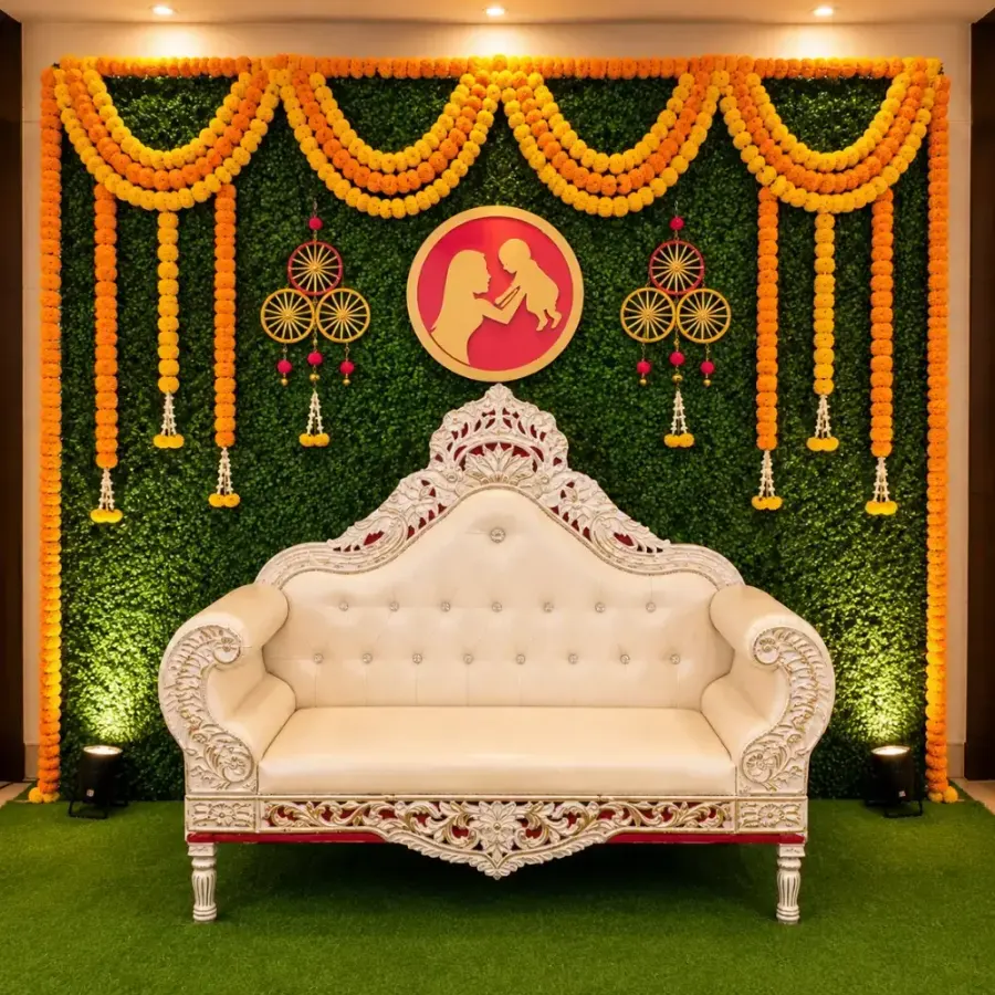 Traditional Godh Bharai Backdrop — decoration setup in Pune
