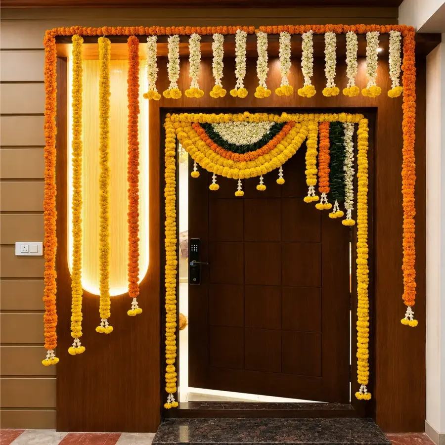 Traditional Griha Pravesh Floral Decoration — decoration setup in Pune