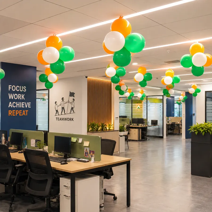 Tricolor Office Ceiling Balloon Decoration for Independence Day — decoration setup in Pune