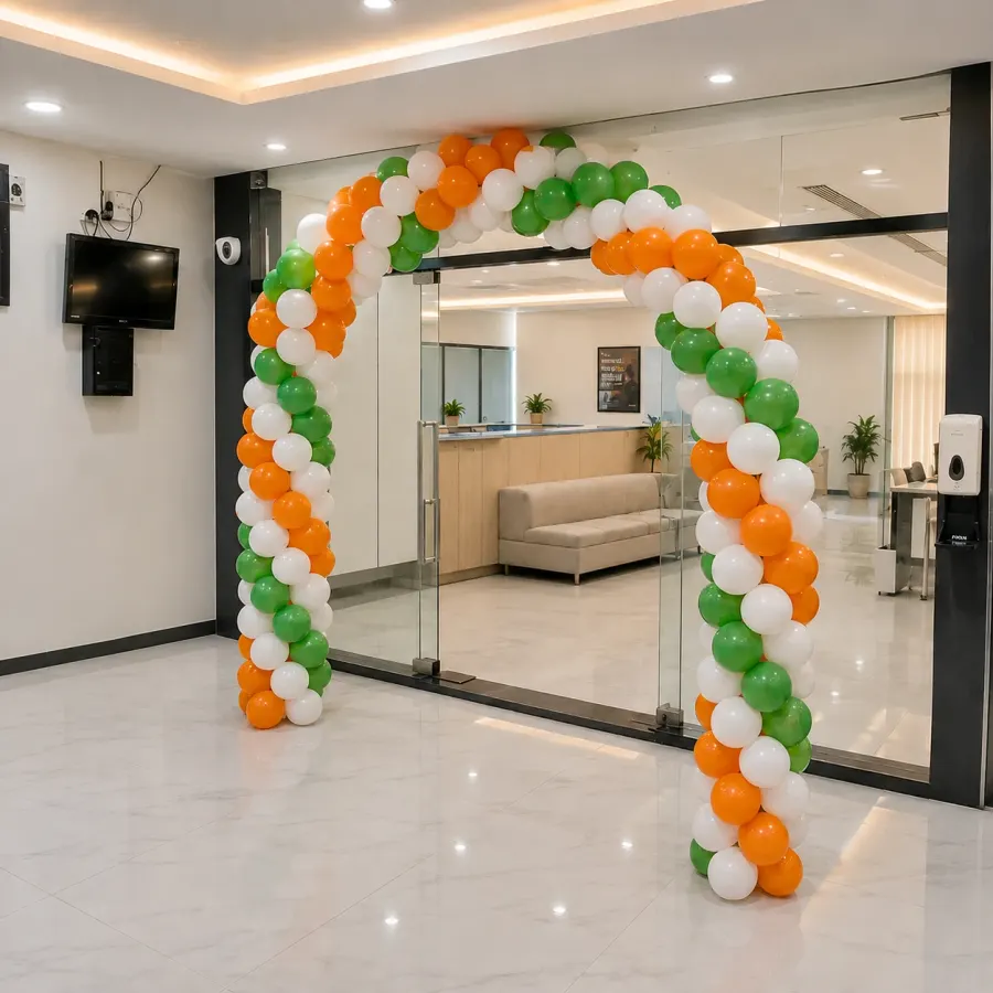 Tricolour Office Entrance Balloon Arch — decoration setup in Pune