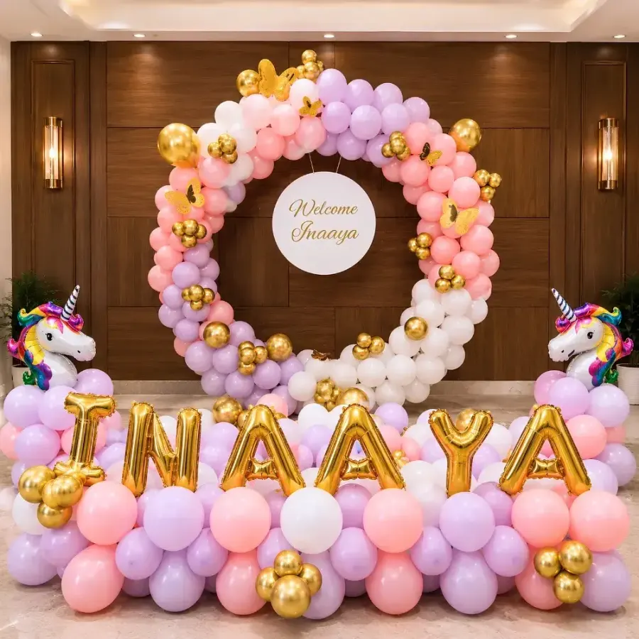 Unicorn Birthday Backdrop — decoration setup in Pune