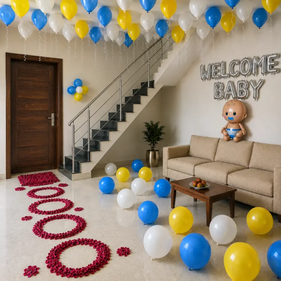 Welcome Baby Boy Ceiling Balloon Decoration — decoration setup in Pune
