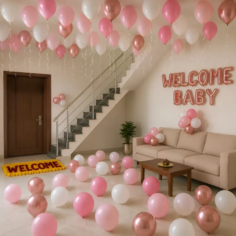 Welcome Baby Girl Ceiling Balloon Decoration — decoration setup in Pune